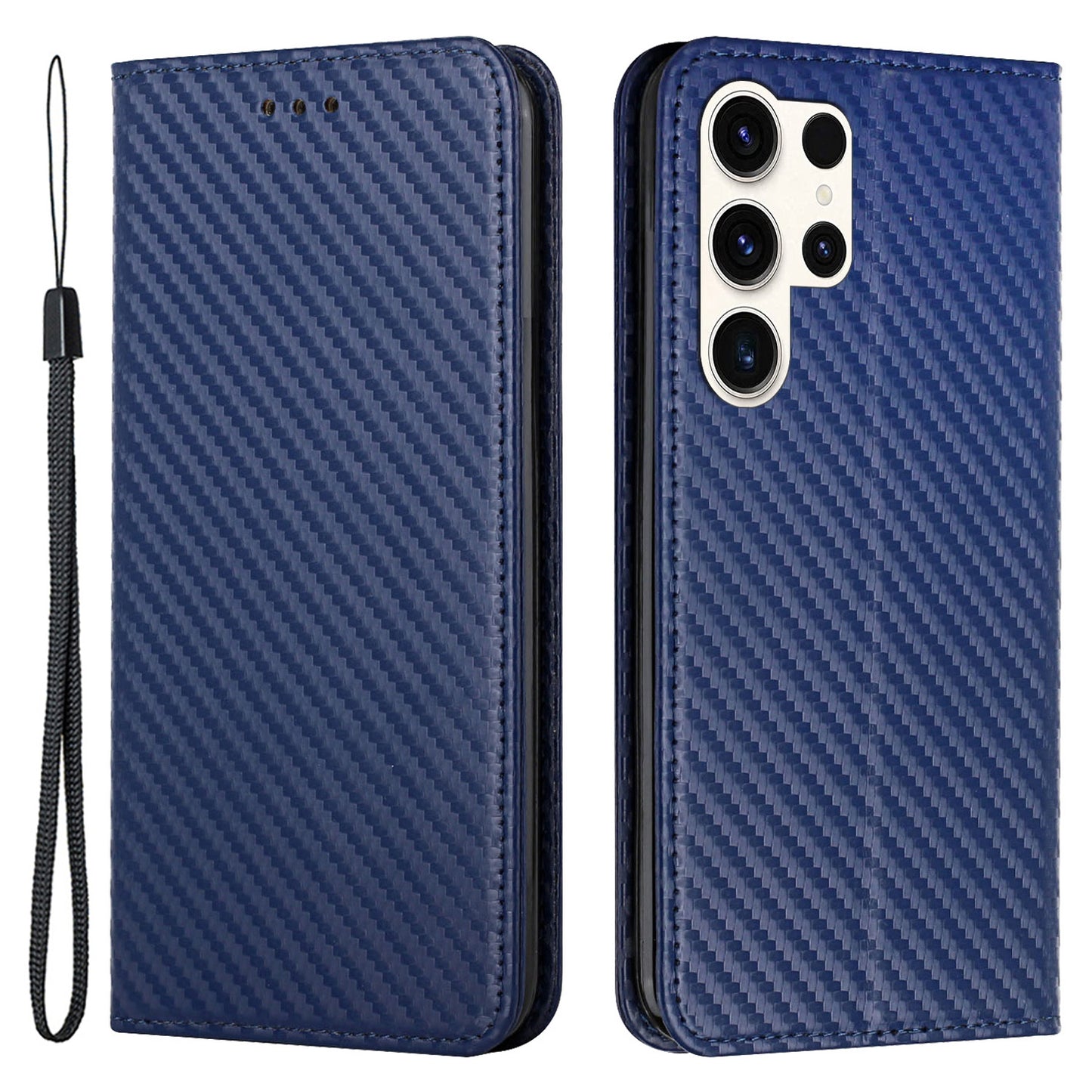 For Samsung Galaxy S24 Ultra Case Carbon Fiber Texture Wallet Stand Cover - Blue