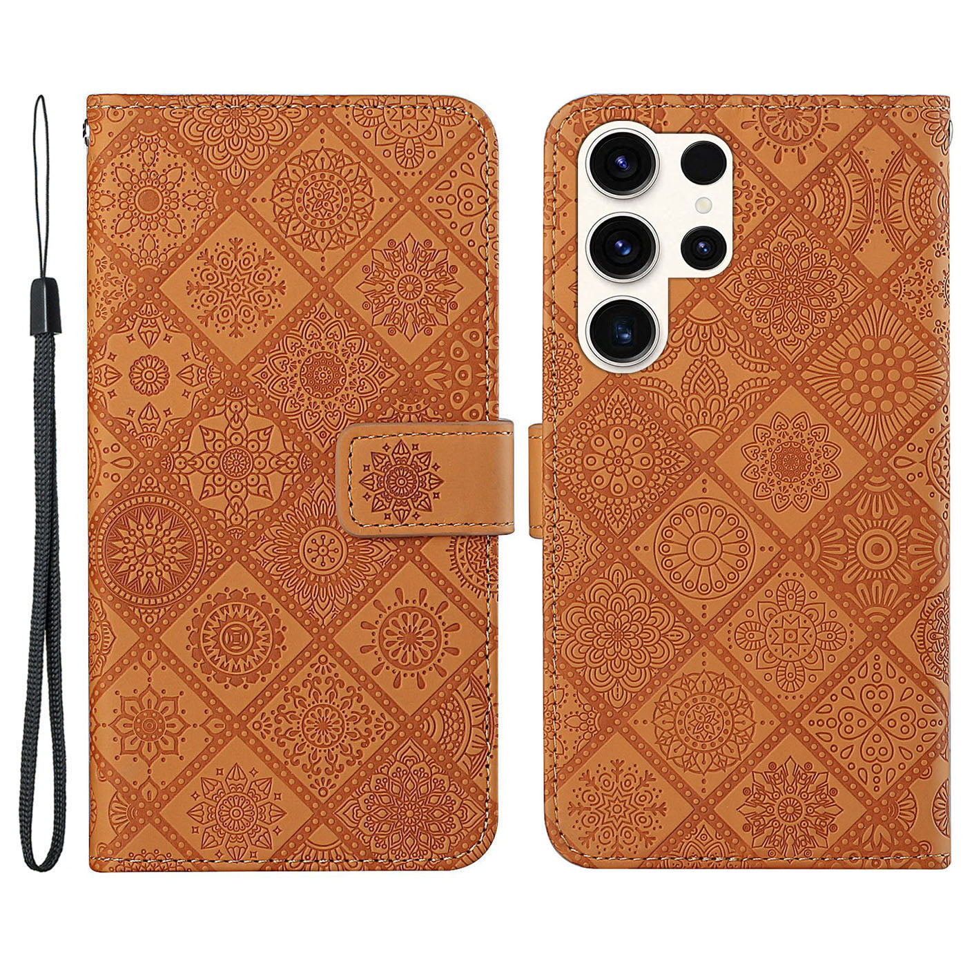 For Samsung Galaxy S24 Ultra Case Wallet Imprinted Flower Phone Cover - Brown