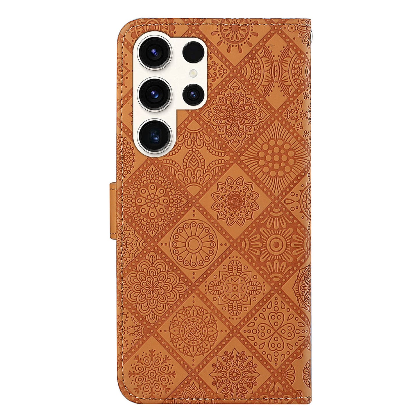 For Samsung Galaxy S24 Ultra Case Wallet Imprinted Flower Phone Cover - Brown
