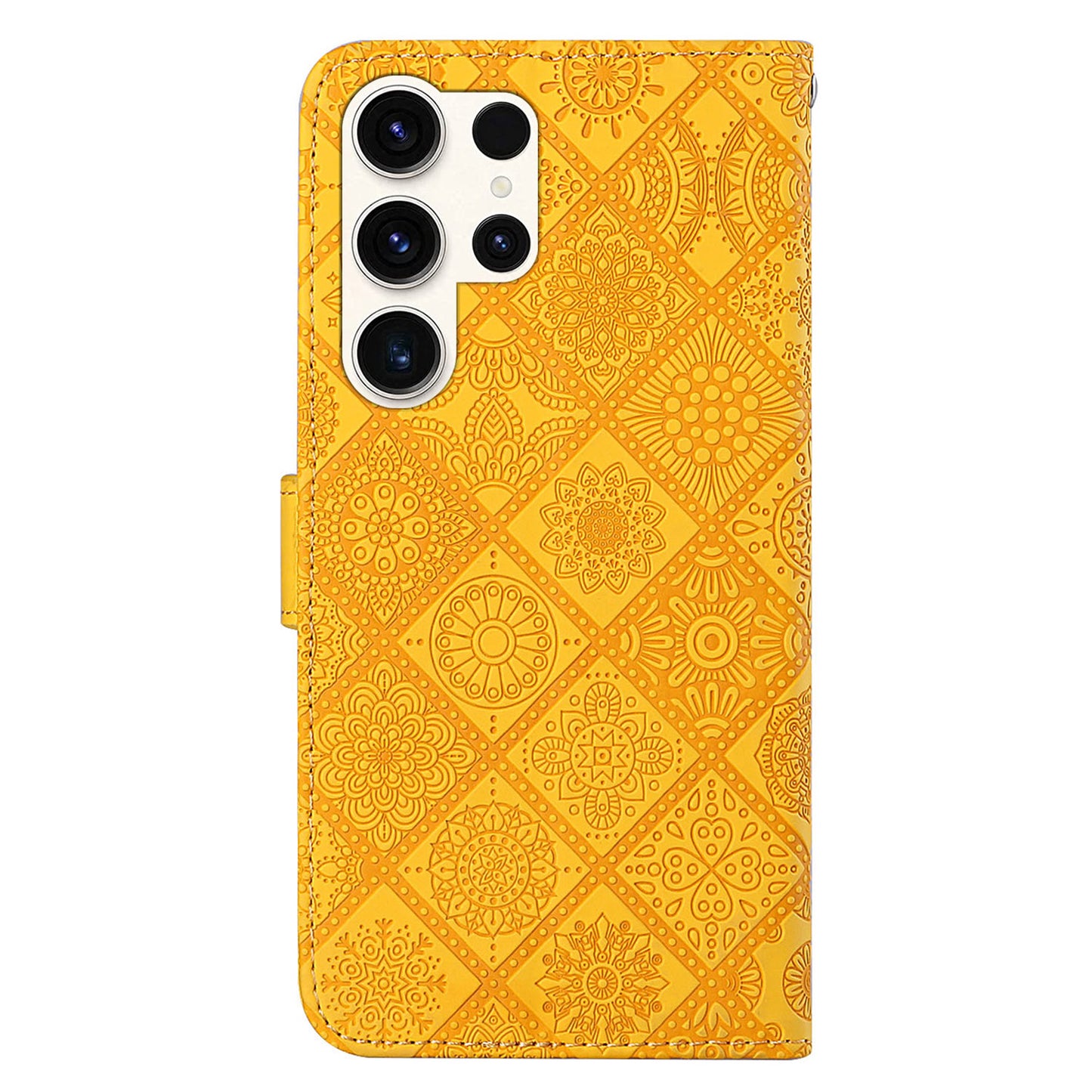For Samsung Galaxy S24 Ultra Case Wallet Imprinted Flower Phone Cover - Yellow