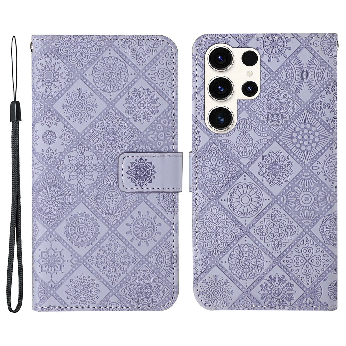 For Samsung Galaxy S24 Ultra Case Wallet Imprinted Flower Phone Cover - Purple