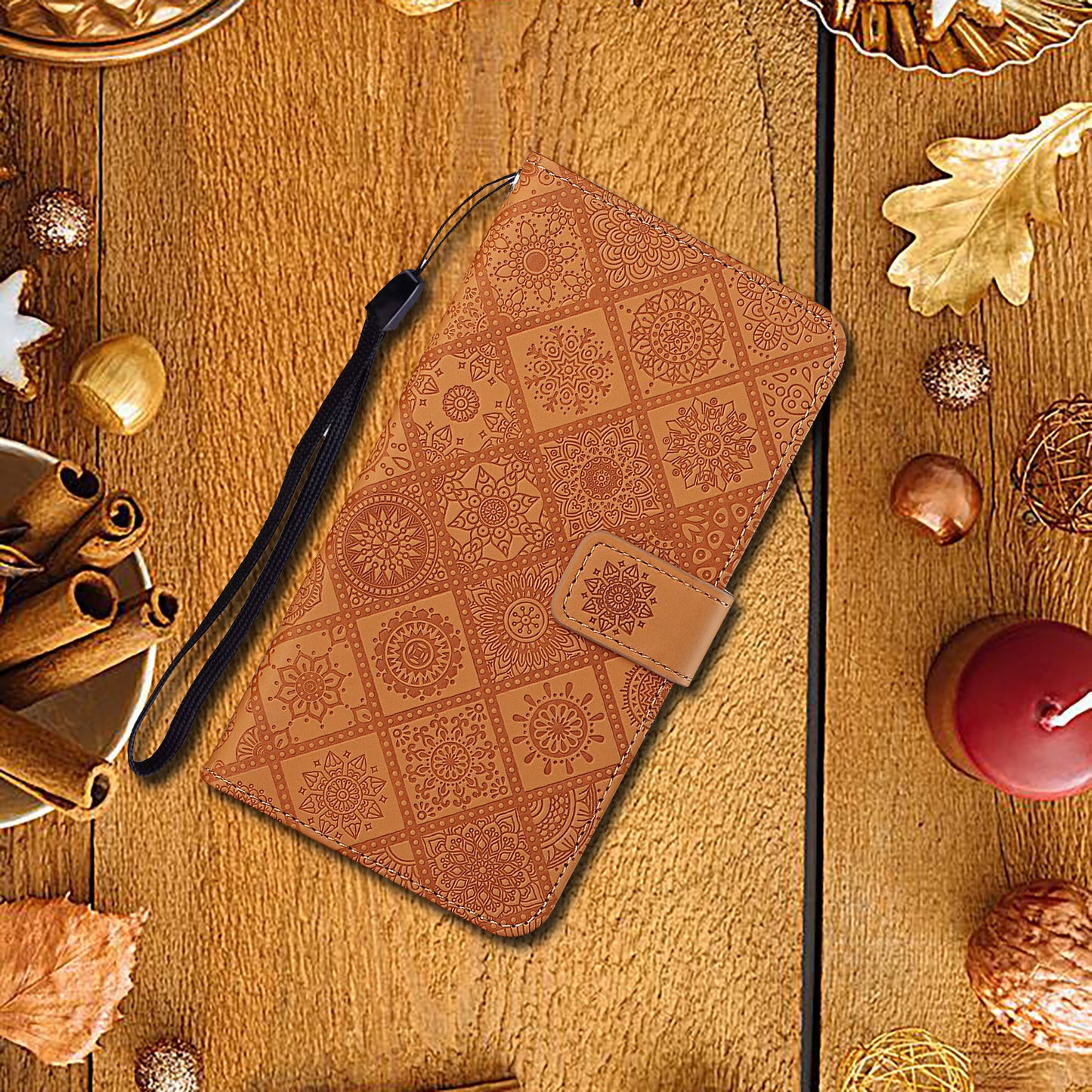 For Samsung Galaxy S24 Case Wallet Imprinted Flower Leather Cover - Brown