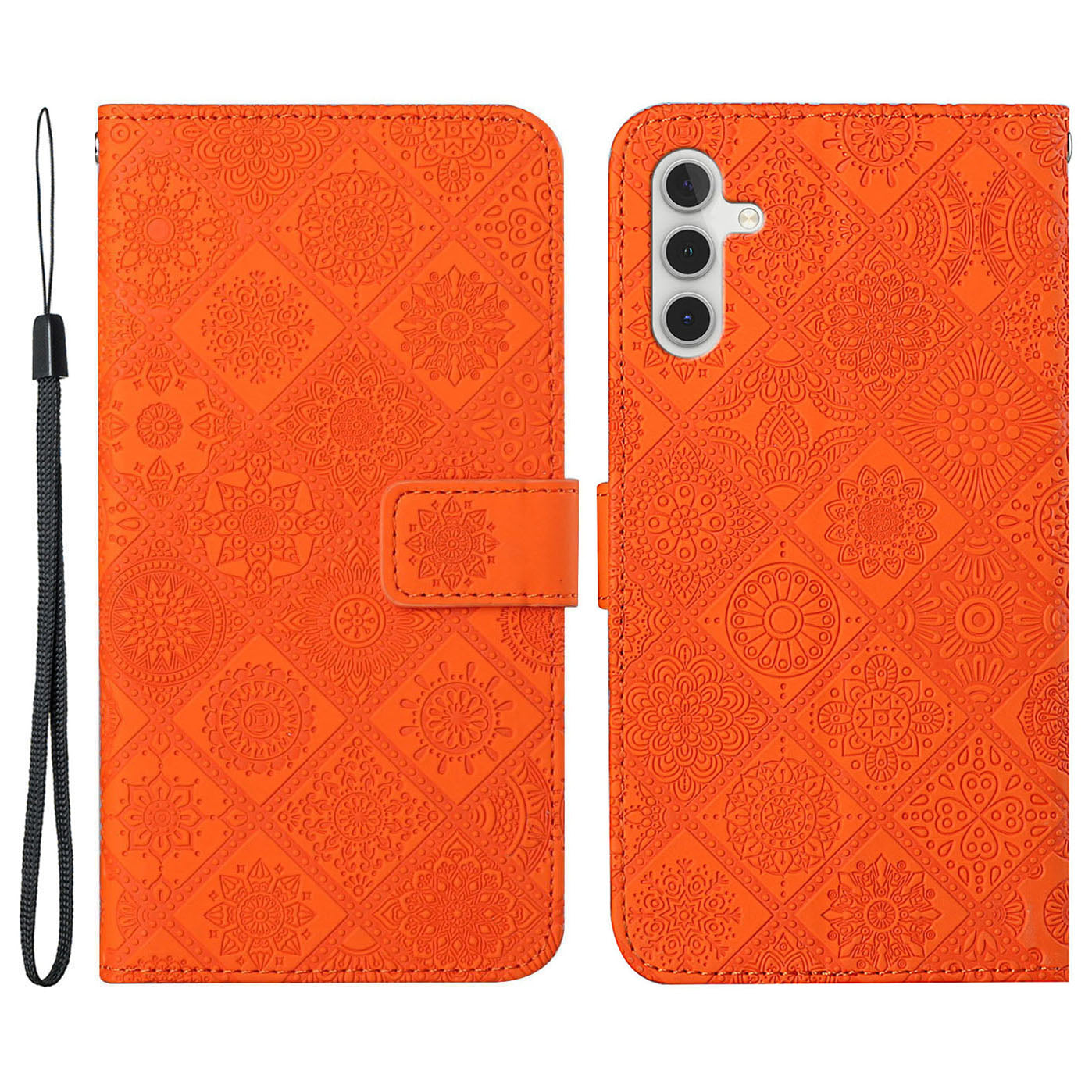 For Samsung Galaxy S24 Case Wallet Imprinted Flower Leather Cover - Orange