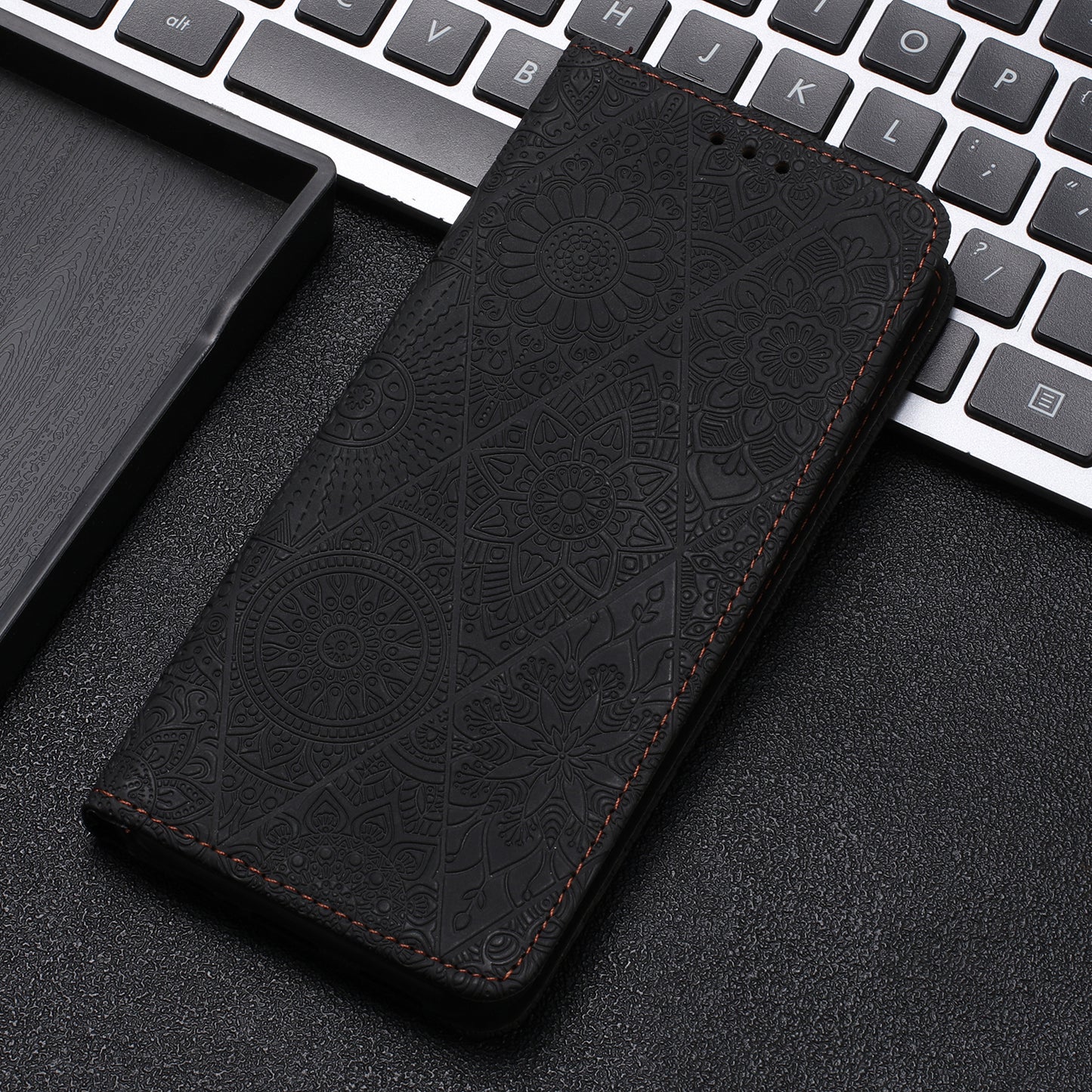 For Samsung Galaxy S24 Ultra Case Imprinted Flower Wallet Phone Cover - Black