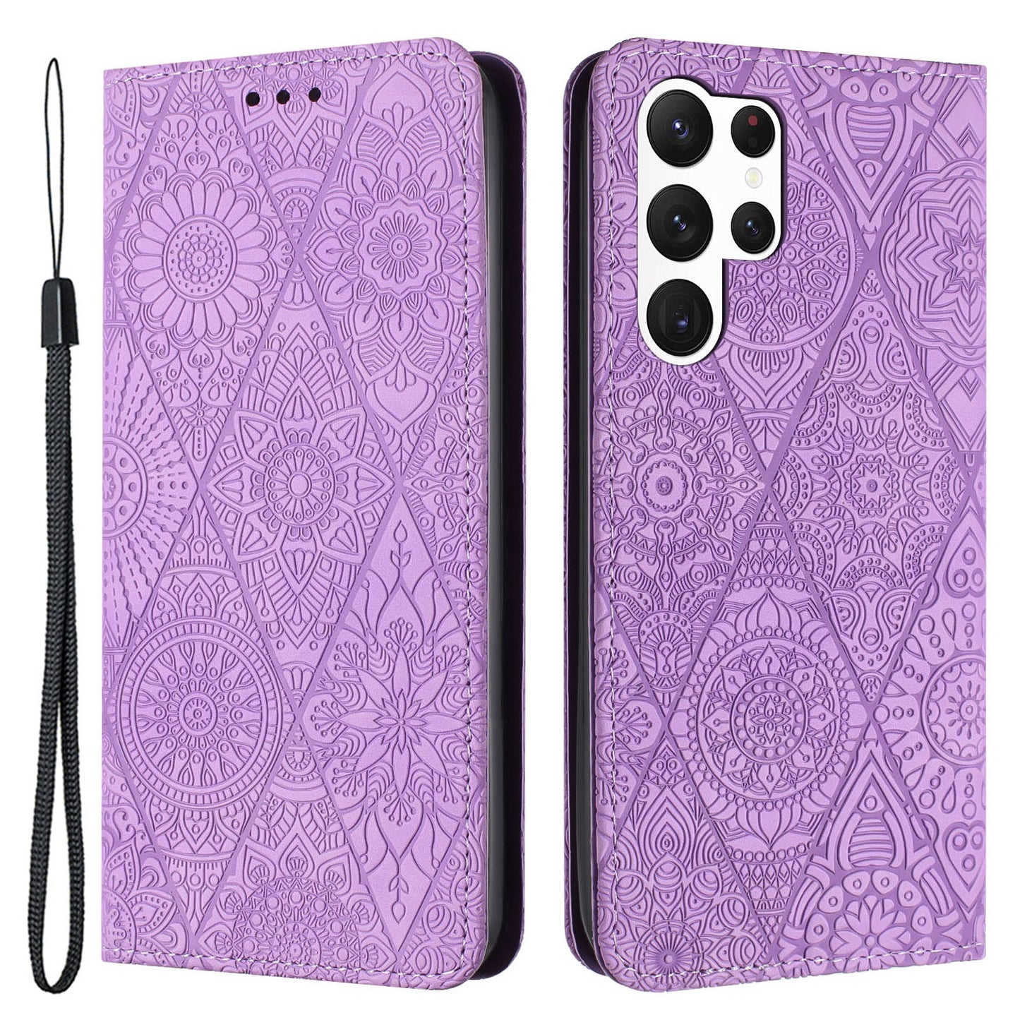 For Samsung Galaxy S24 Ultra Case Imprinted Flower Wallet Phone Cover - Purple