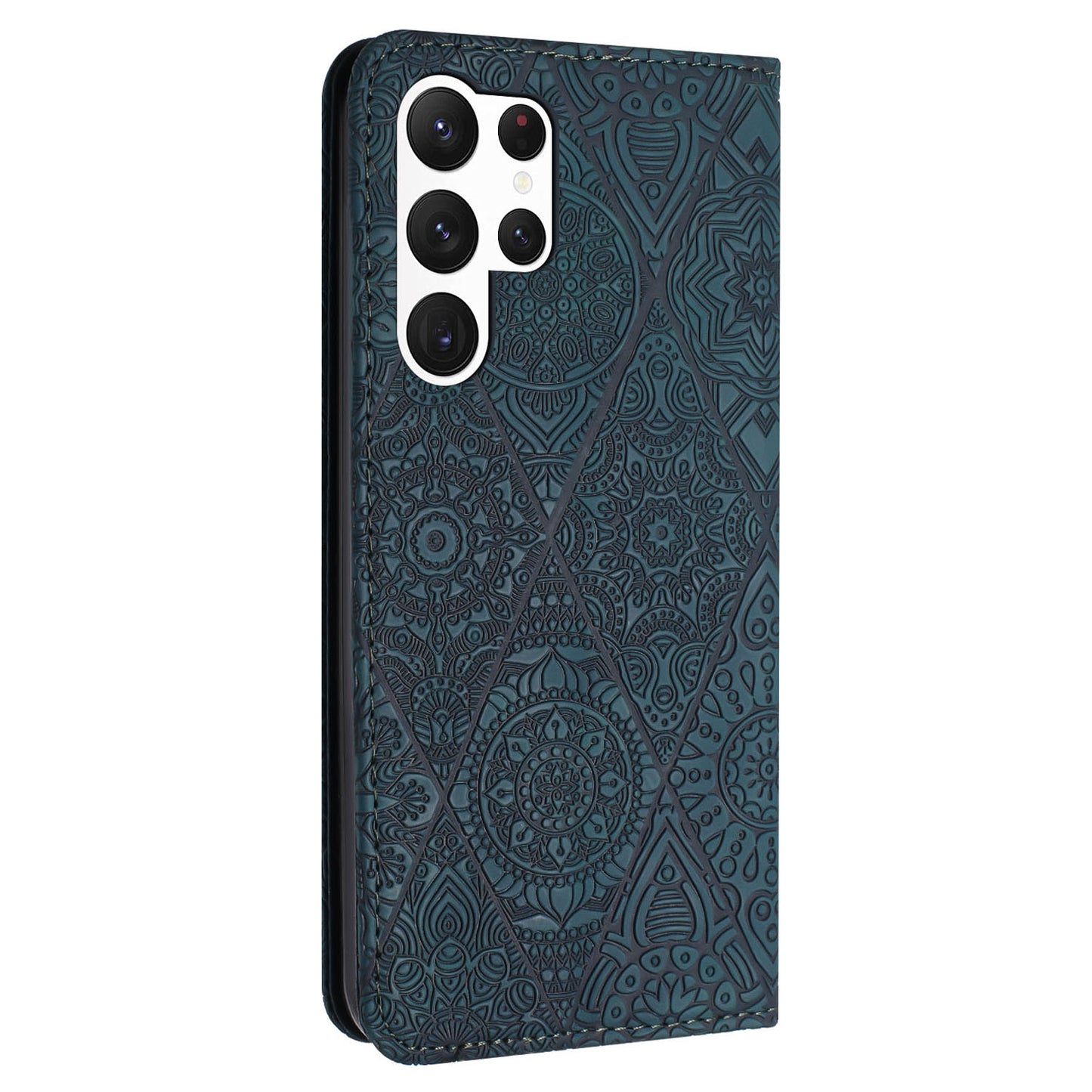 For Samsung Galaxy S24 Ultra Case Imprinted Flower Wallet Phone Cover - Blue
