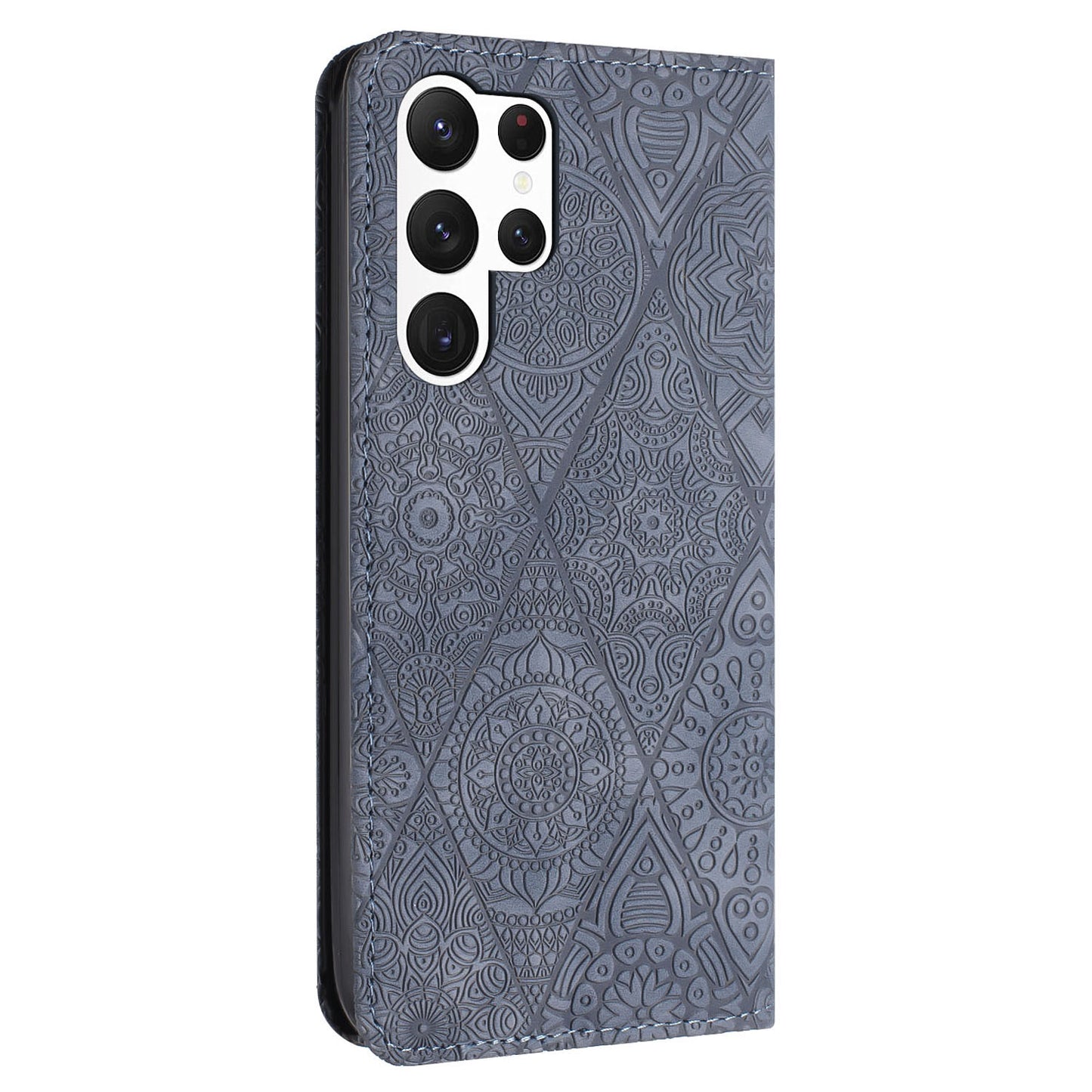 For Samsung Galaxy S24 Ultra Case Imprinted Flower Wallet Phone Cover - Grey