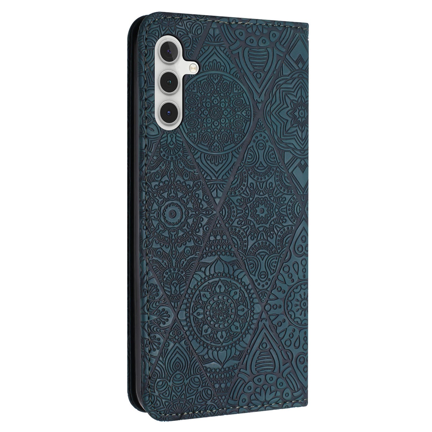 For Samsung Galaxy S24+ Case Imprinted Flower Leather Cover with Wallet Stand - Blue