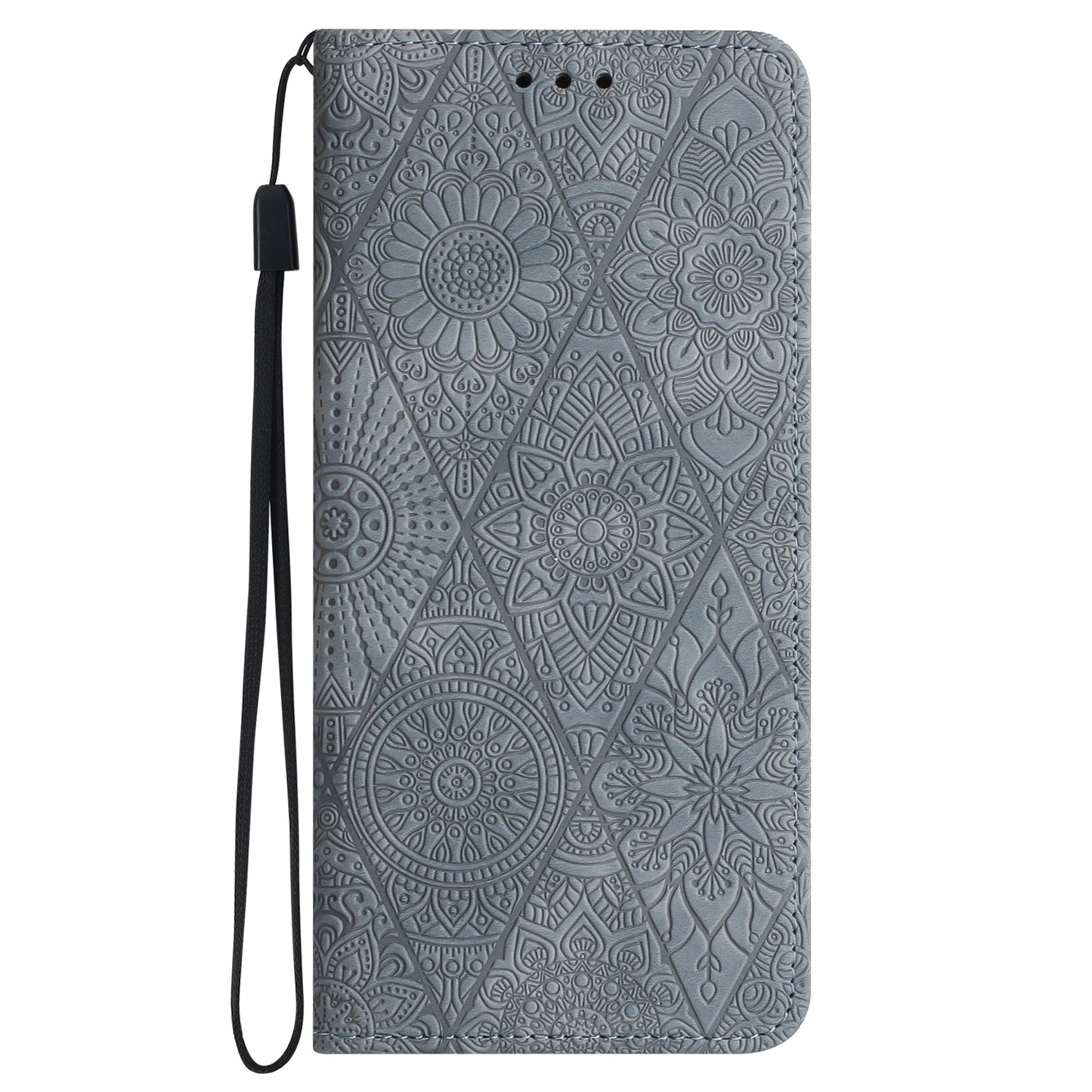 For Samsung Galaxy S24+ Case Imprinted Flower Leather Cover with Wallet Stand - Grey