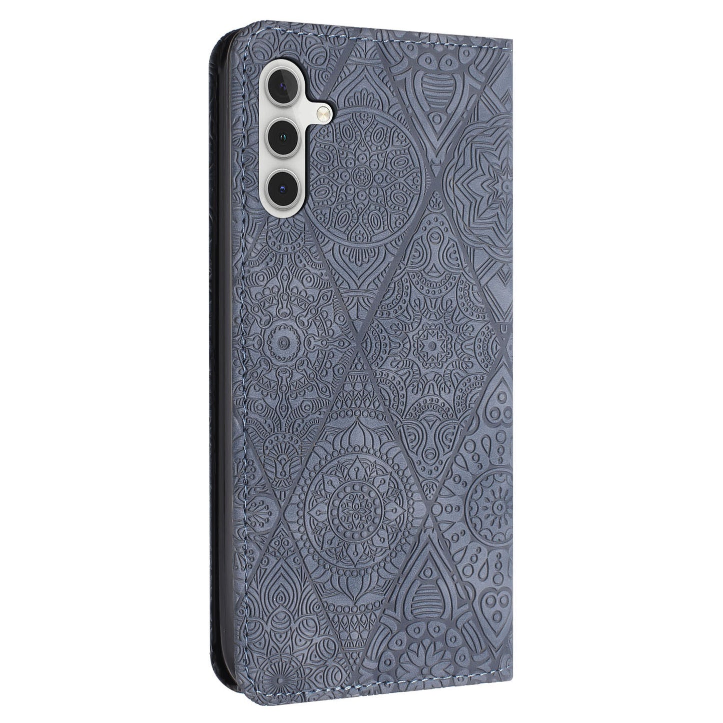 For Samsung Galaxy S24+ Case Imprinted Flower Leather Cover with Wallet Stand - Grey
