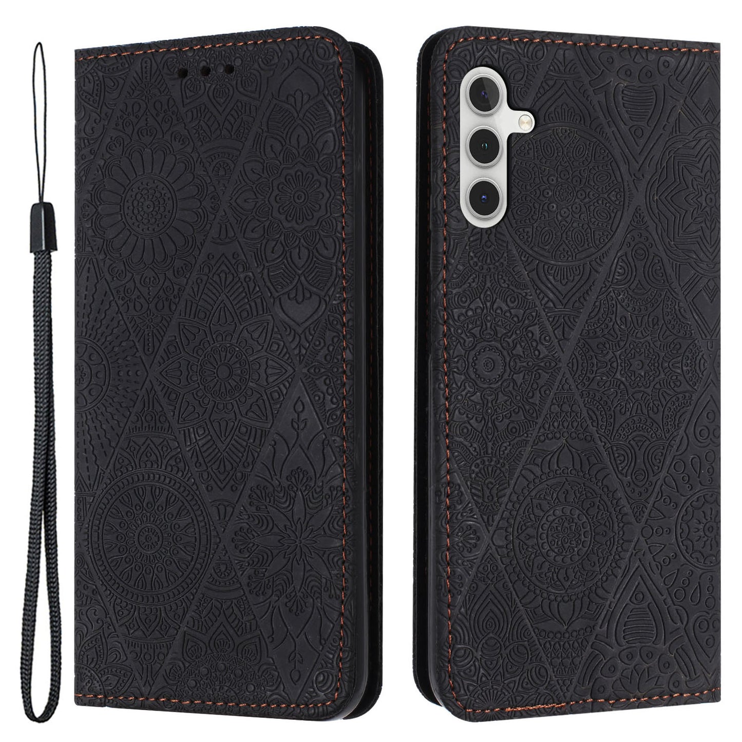 For Samsung Galaxy S24 Leather Case Wallet Stand Imprinted Phone Cover - Black