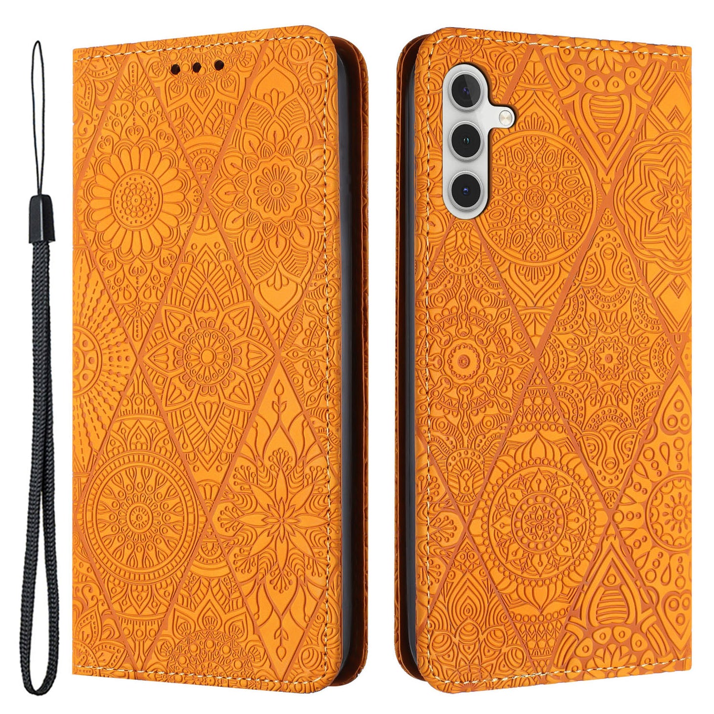 For Samsung Galaxy S24 Leather Case Wallet Stand Imprinted Phone Cover - Yellow