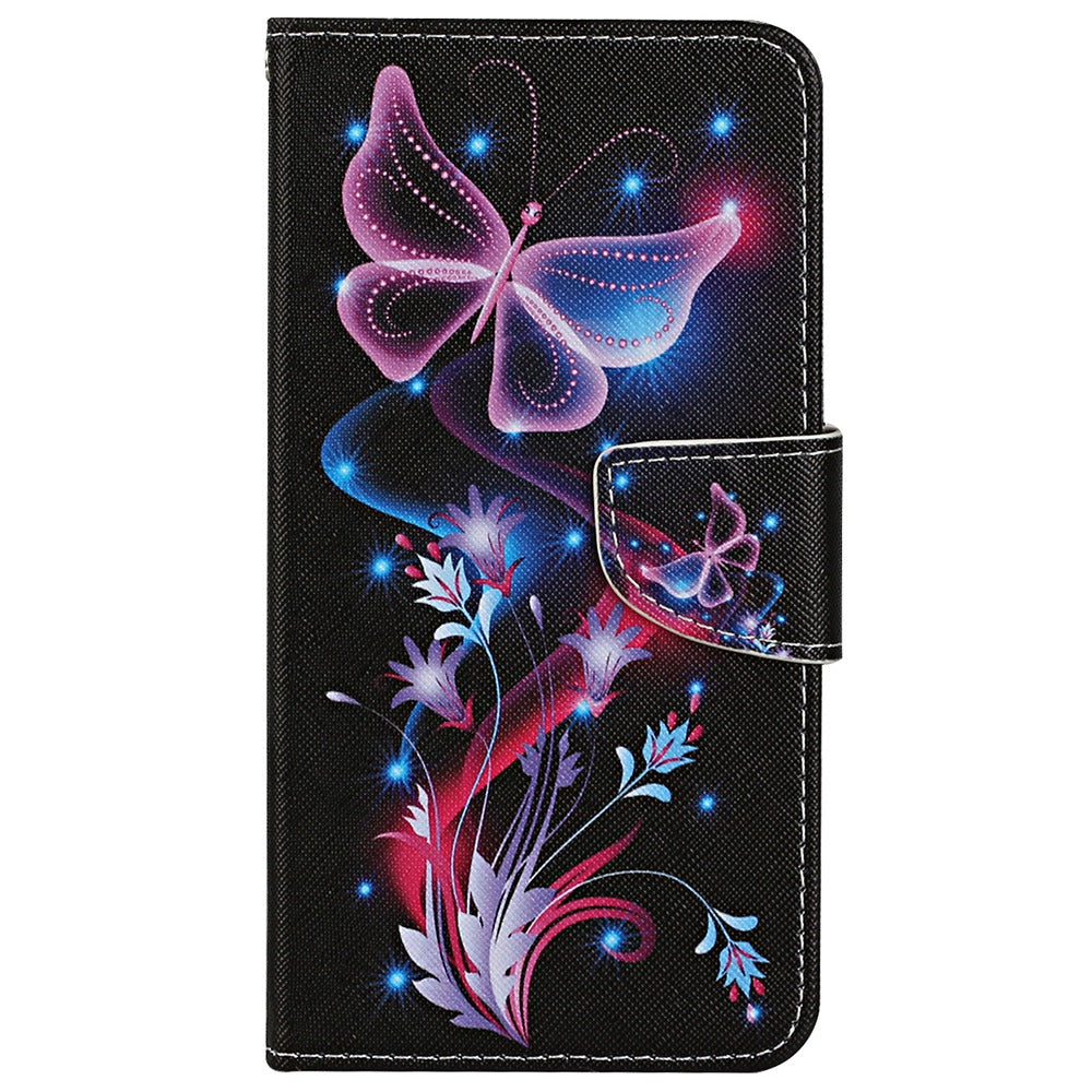 For Samsung Galaxy S24+ Case PU Leather Cross Texture Pattern Printing Phone Cover with Wrist Strap - Fluorescent Butterflies