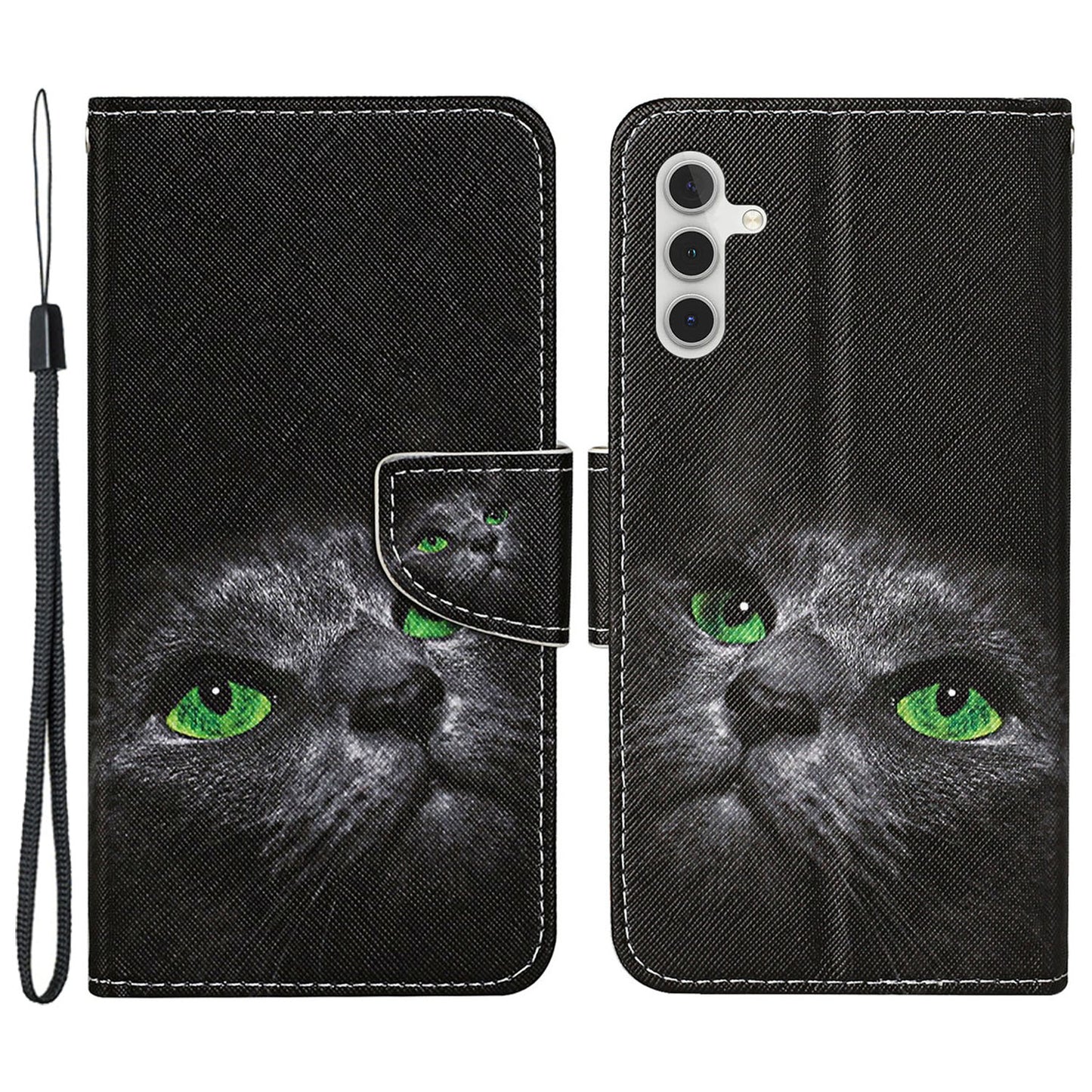 For Samsung Galaxy S24+ Case PU Leather Cross Texture Pattern Printing Phone Cover with Wrist Strap - Cat