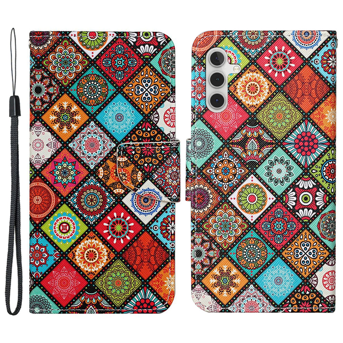 For Samsung Galaxy S24+ Case PU Leather Cross Texture Pattern Printing Phone Cover with Wrist Strap - Ethnic Style