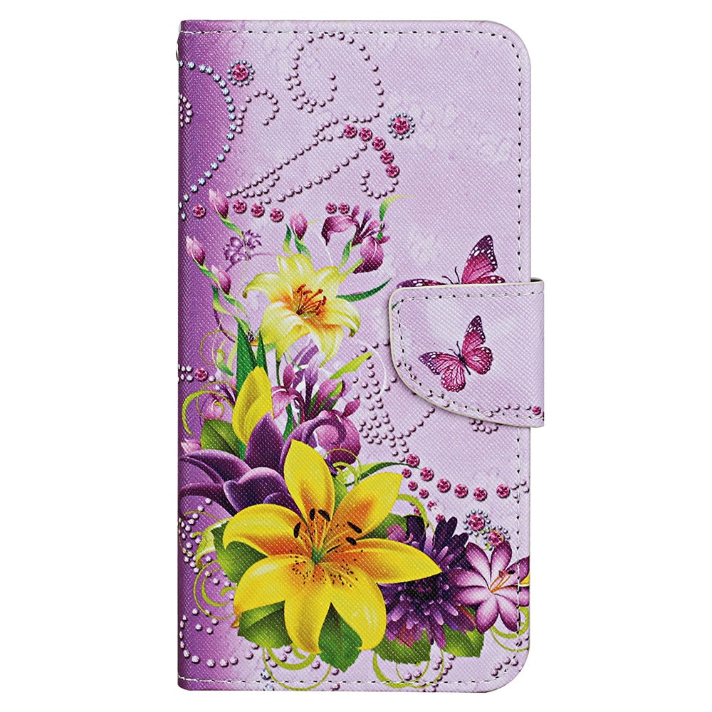 For Samsung Galaxy S24+ Case PU Leather Cross Texture Pattern Printing Phone Cover with Wrist Strap - Yellow Flowers / Butterflies