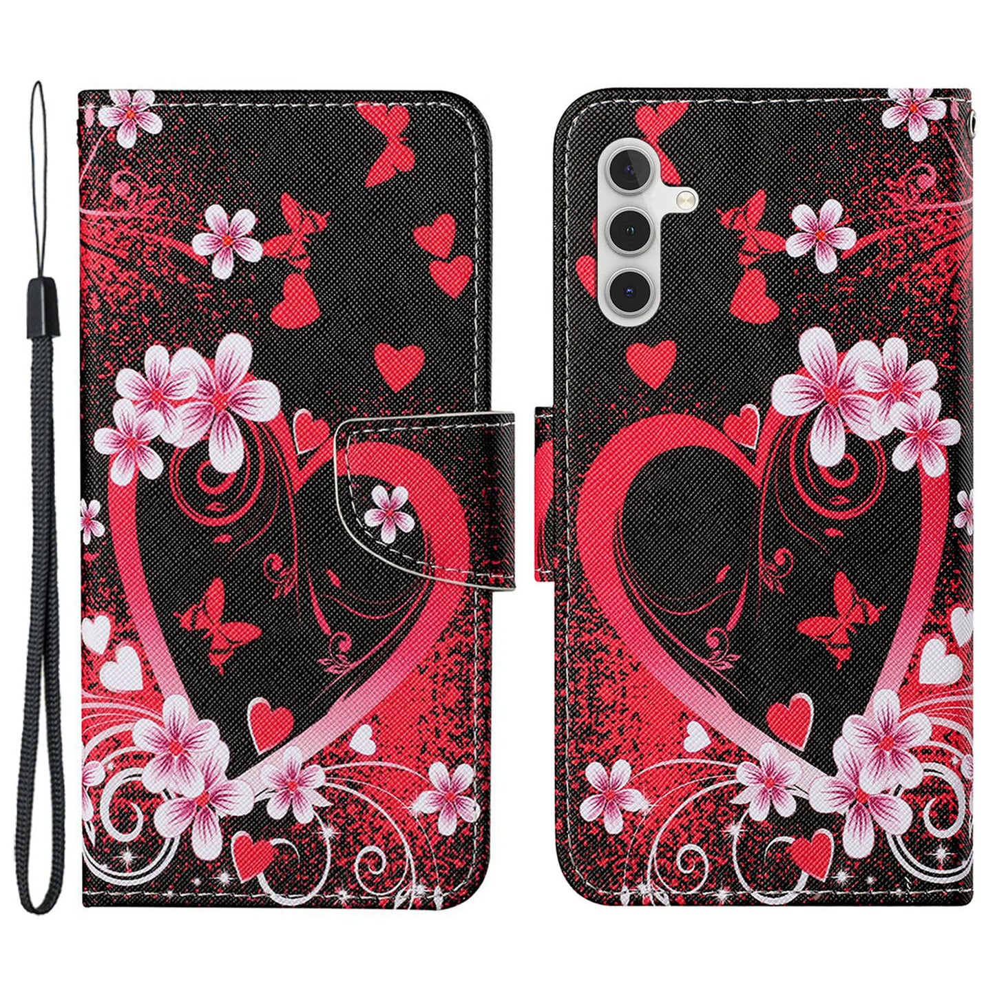 For Samsung Galaxy S24+ Case PU Leather Cross Texture Pattern Printing Phone Cover with Wrist Strap - Red Heart