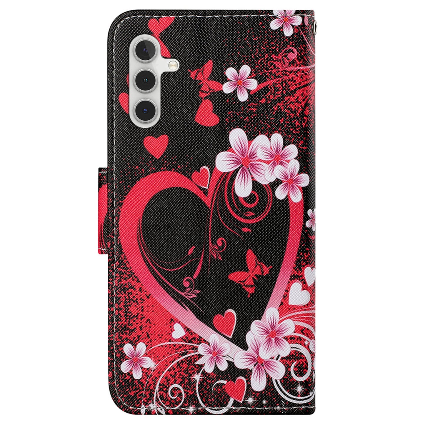 For Samsung Galaxy S24+ Case PU Leather Cross Texture Pattern Printing Phone Cover with Wrist Strap - Red Heart