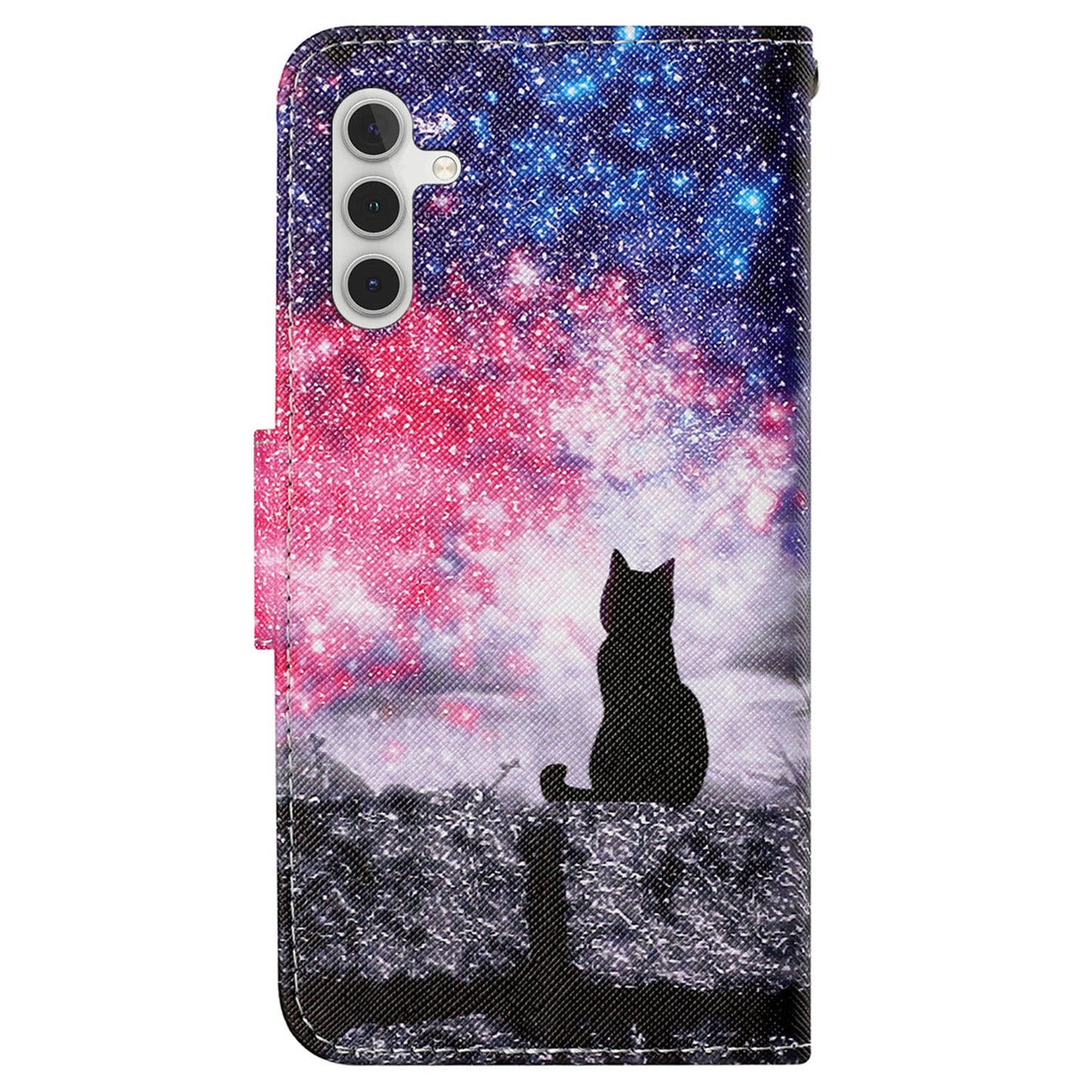 For Samsung Galaxy S24+ Case PU Leather Cross Texture Pattern Printing Phone Cover with Wrist Strap - Starry Sky / Cat