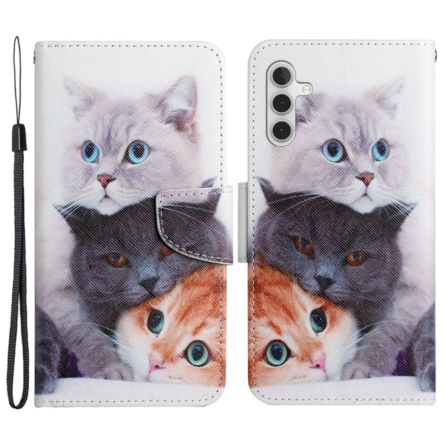 For Samsung Galaxy S24+ Case PU Leather Cross Texture Pattern Printing Phone Cover with Wrist Strap - Three Cats