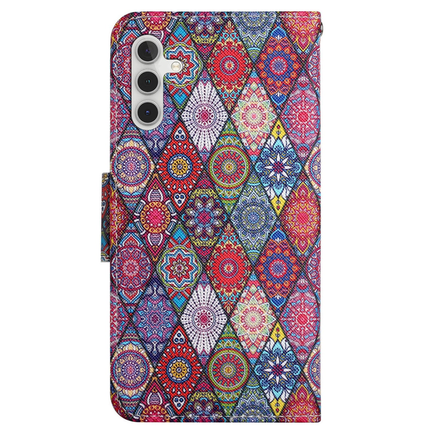 For Samsung Galaxy S24+ Case PU Leather Cross Texture Pattern Printing Phone Cover with Wrist Strap - Kaleidoscope