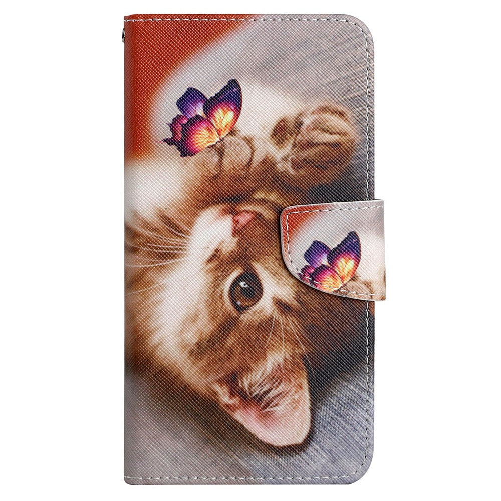 For Samsung Galaxy S24+ Case PU Leather Cross Texture Pattern Printing Phone Cover with Wrist Strap - Butterfly / Cat