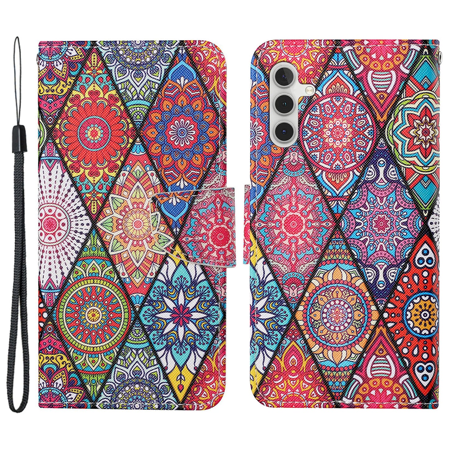 For Samsung Galaxy S24+ Case PU Leather Cross Texture Pattern Printing Phone Cover with Wrist Strap - Rhombus / Totem