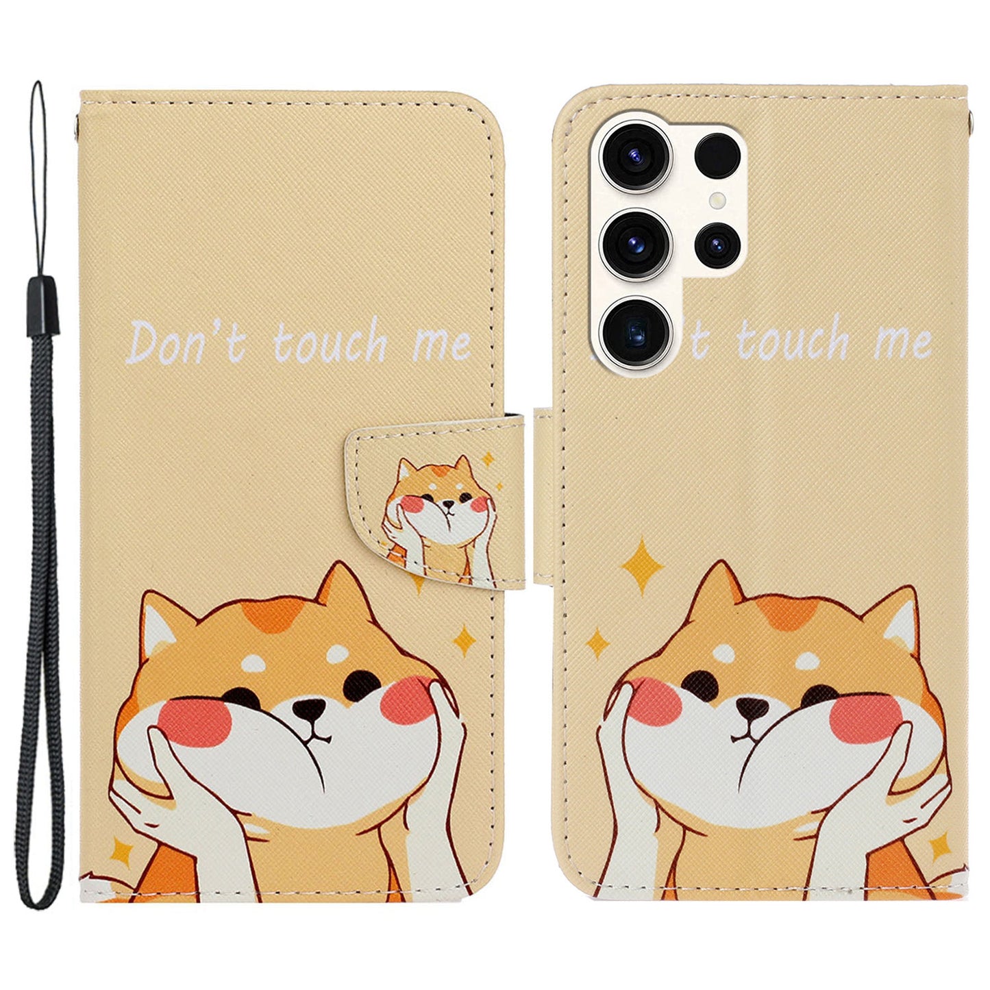 For Samsung Galaxy S24 Ultra PU Leather Case Cross Texture Phone Stand Cover with Wrist Strap - Akita Dog