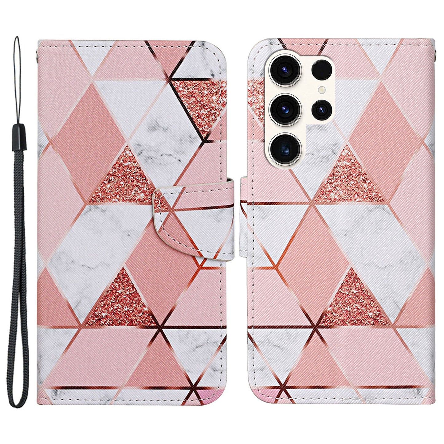 For Samsung Galaxy S24 Ultra PU Leather Case Cross Texture Phone Stand Cover with Wrist Strap - Marble Pattern