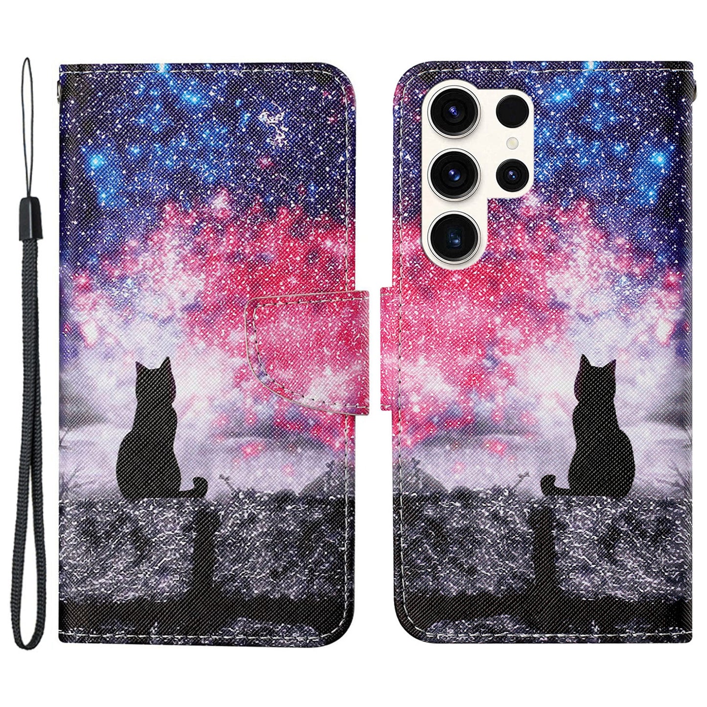 For Samsung Galaxy S24 Ultra PU Leather Case Cross Texture Phone Stand Cover with Wrist Strap - Starry Sky / Cat