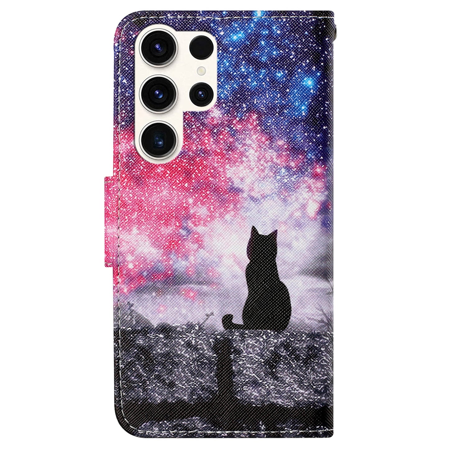 For Samsung Galaxy S24 Ultra PU Leather Case Cross Texture Phone Stand Cover with Wrist Strap - Starry Sky / Cat