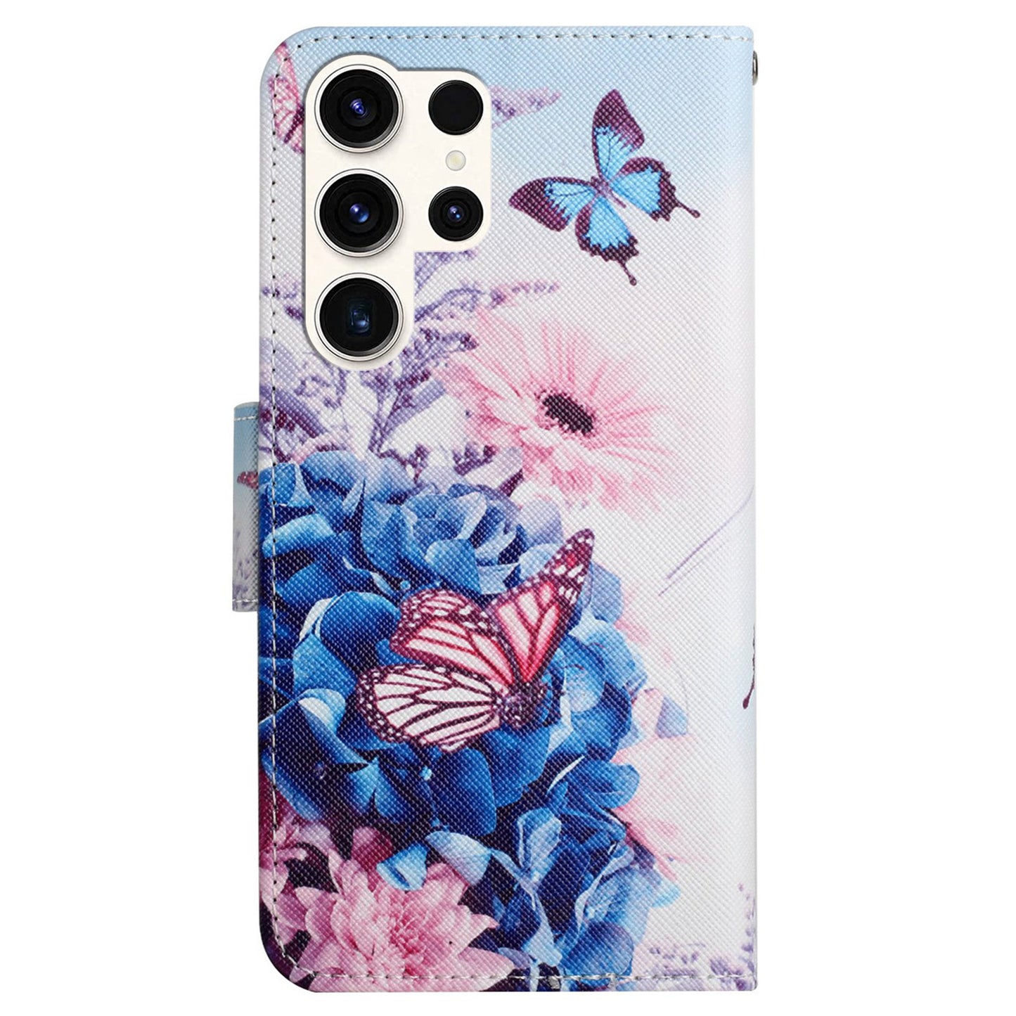 For Samsung Galaxy S24 Ultra PU Leather Case Cross Texture Phone Stand Cover with Wrist Strap - Purple Butterflies