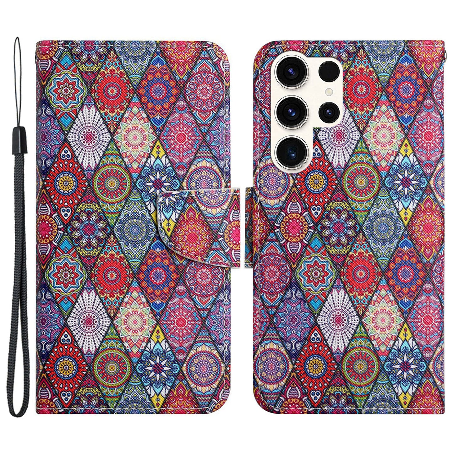 For Samsung Galaxy S24 Ultra PU Leather Case Cross Texture Phone Stand Cover with Wrist Strap - Kaleidoscope