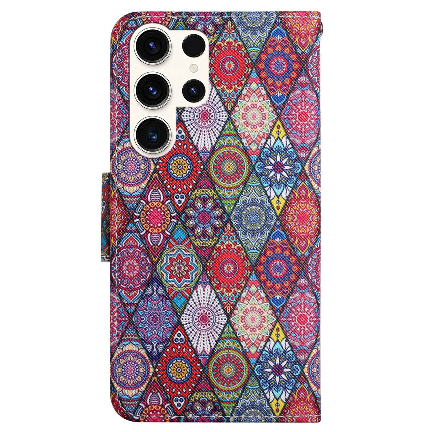 For Samsung Galaxy S24 Ultra PU Leather Case Cross Texture Phone Stand Cover with Wrist Strap - Kaleidoscope