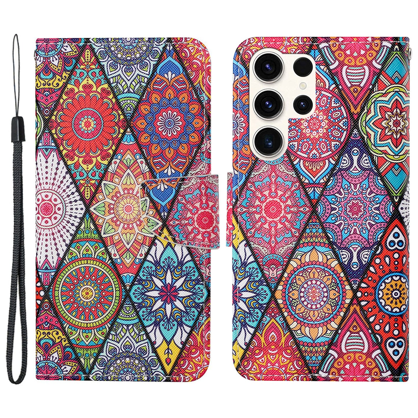 For Samsung Galaxy S24 Ultra PU Leather Case Cross Texture Phone Stand Cover with Wrist Strap - Rhombus / Totem