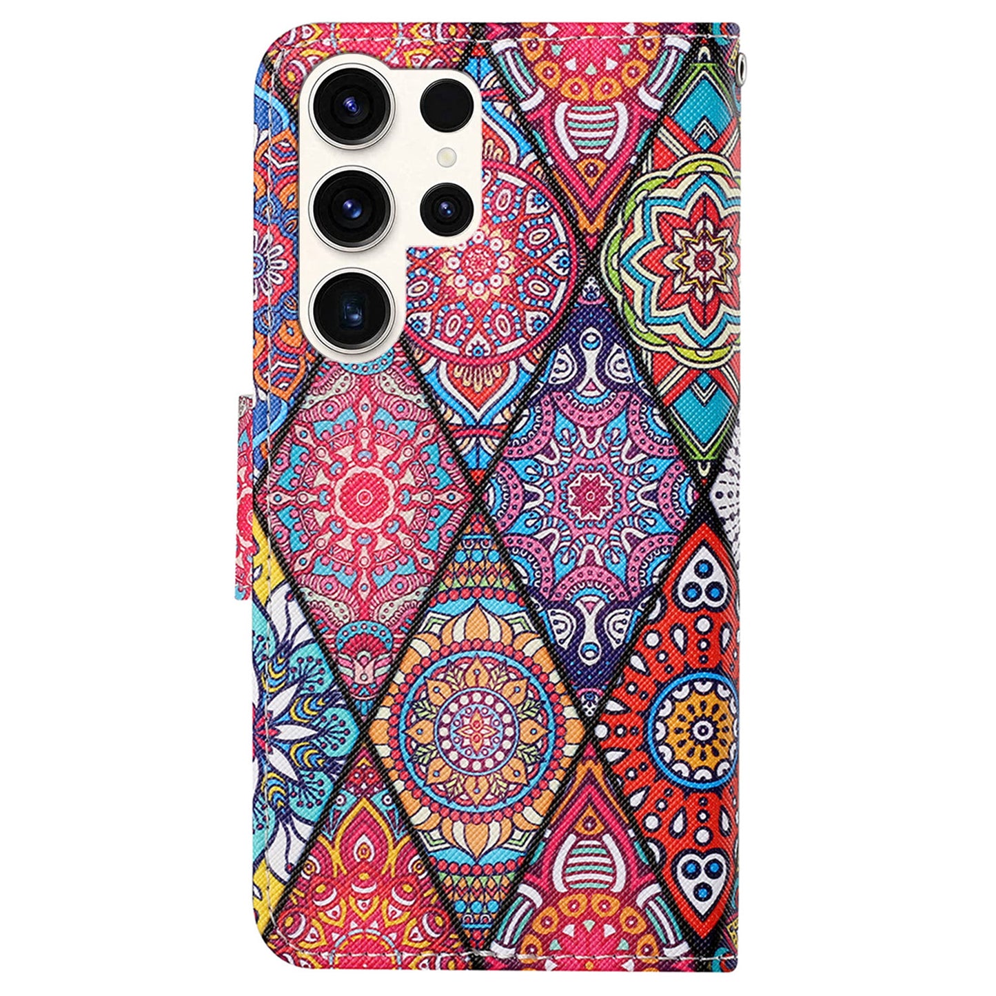 For Samsung Galaxy S24 Ultra PU Leather Case Cross Texture Phone Stand Cover with Wrist Strap - Rhombus / Totem
