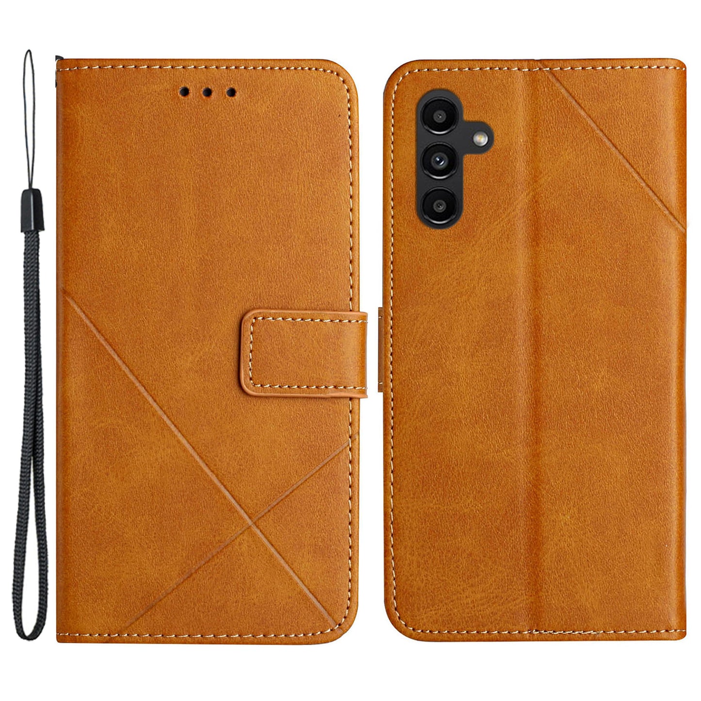 For Samsung Galaxy S24 Cell Phone Case Line Imprinting Solid Color PU Leather Cover with Strap - Yellow