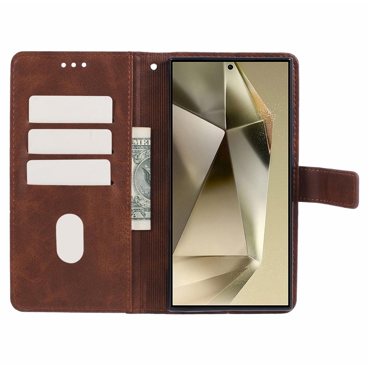 For Samsung Galaxy S24 Ultra Case Solid Color PU Leather Stand Wallet Phone Cover with Wrist Strap - Brown