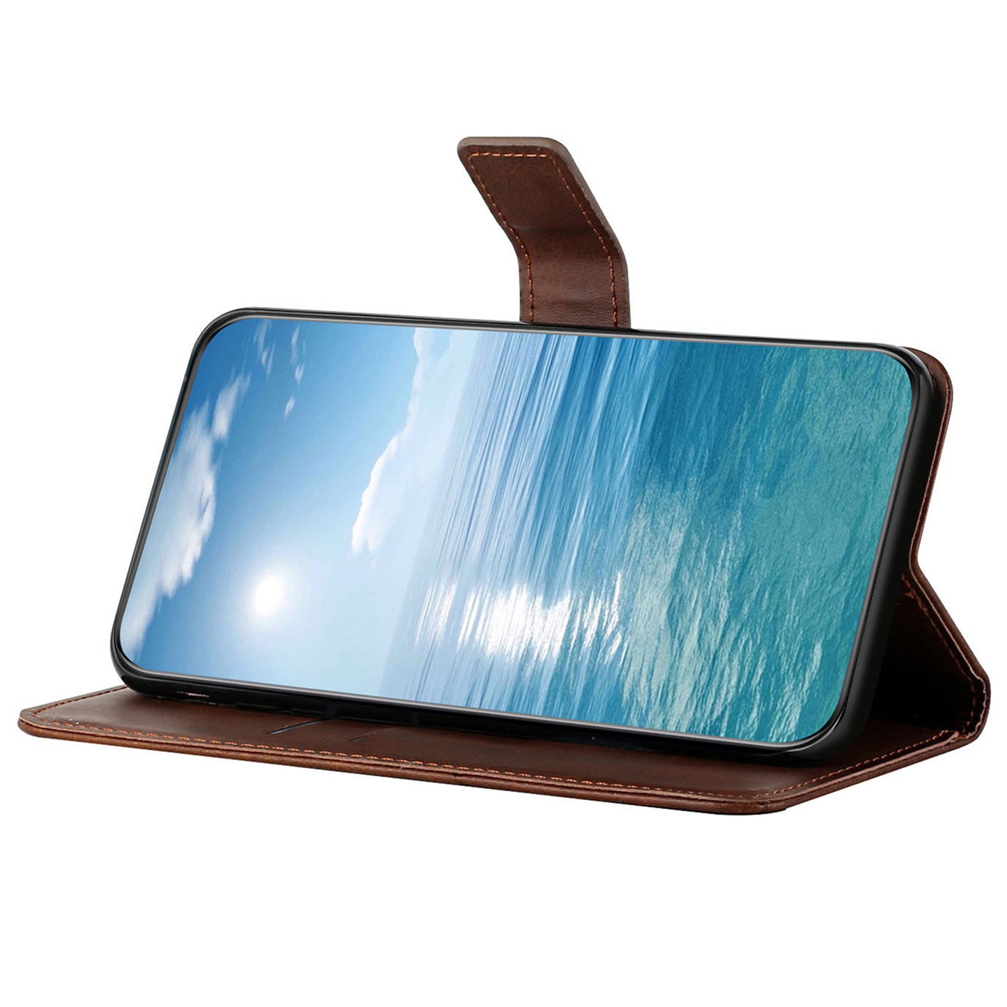 For Samsung Galaxy S24 Ultra Case Solid Color PU Leather Stand Wallet Phone Cover with Wrist Strap - Brown