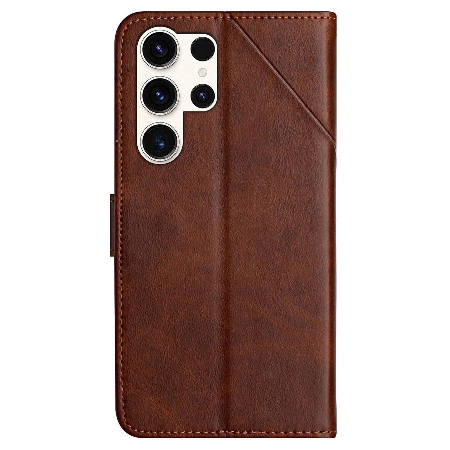For Samsung Galaxy S24 Ultra Case Solid Color PU Leather Stand Wallet Phone Cover with Wrist Strap - Brown
