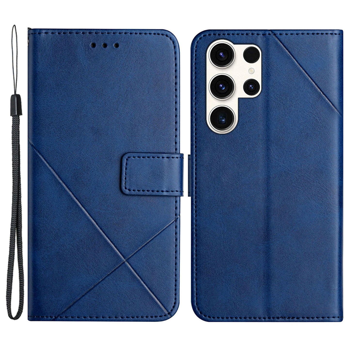 For Samsung Galaxy S24 Ultra Case Solid Color PU Leather Stand Wallet Phone Cover with Wrist Strap - Blue