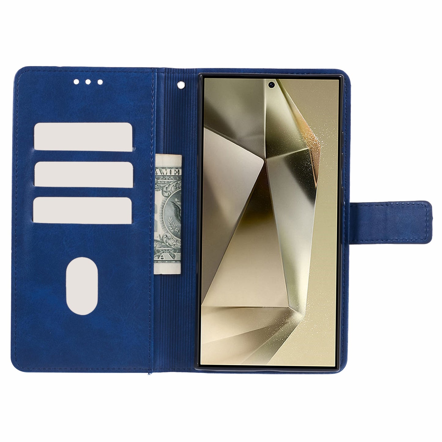 For Samsung Galaxy S24 Ultra Case Solid Color PU Leather Stand Wallet Phone Cover with Wrist Strap - Blue