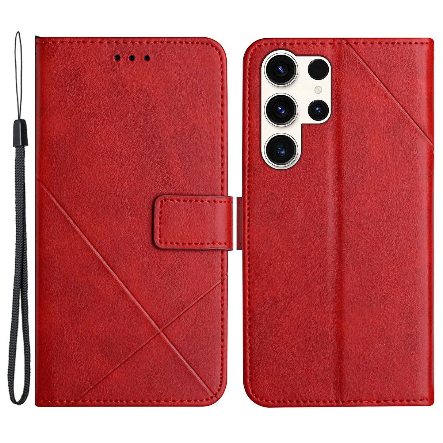 For Samsung Galaxy S24 Ultra Case Solid Color PU Leather Stand Wallet Phone Cover with Wrist Strap - Red
