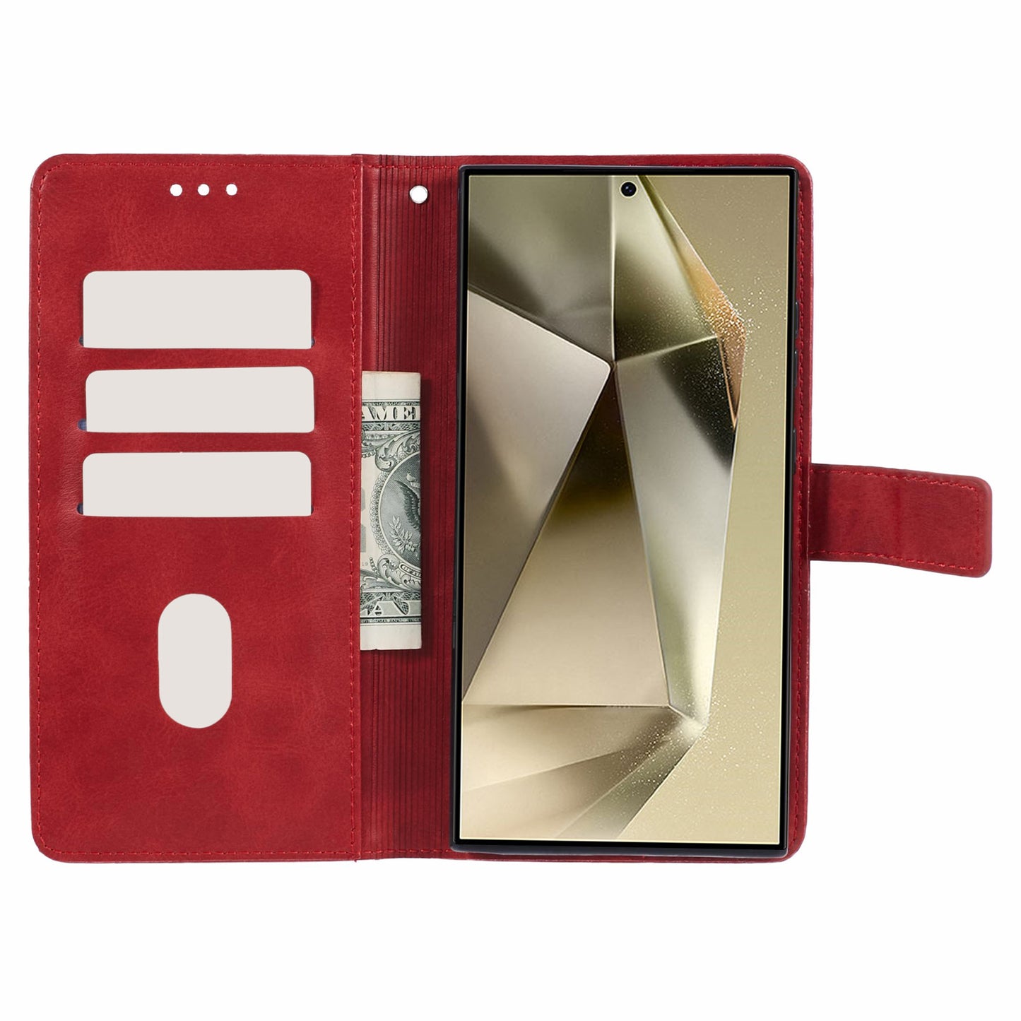 For Samsung Galaxy S24 Ultra Case Solid Color PU Leather Stand Wallet Phone Cover with Wrist Strap - Red