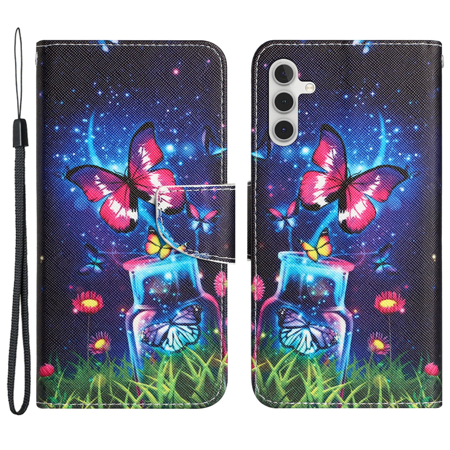 For Samsung Galaxy S24 Leather Case Pattern Printing Phone Stand Cover - Bottle and Butterfly