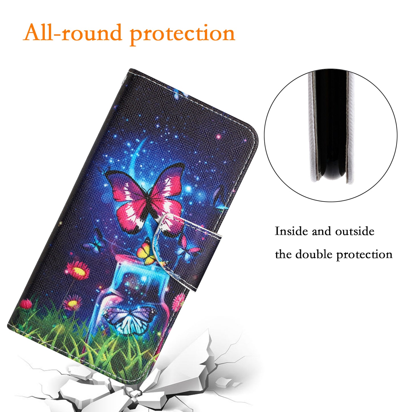 For Samsung Galaxy S24 Leather Case Pattern Printing Phone Stand Cover - Bottle and Butterfly