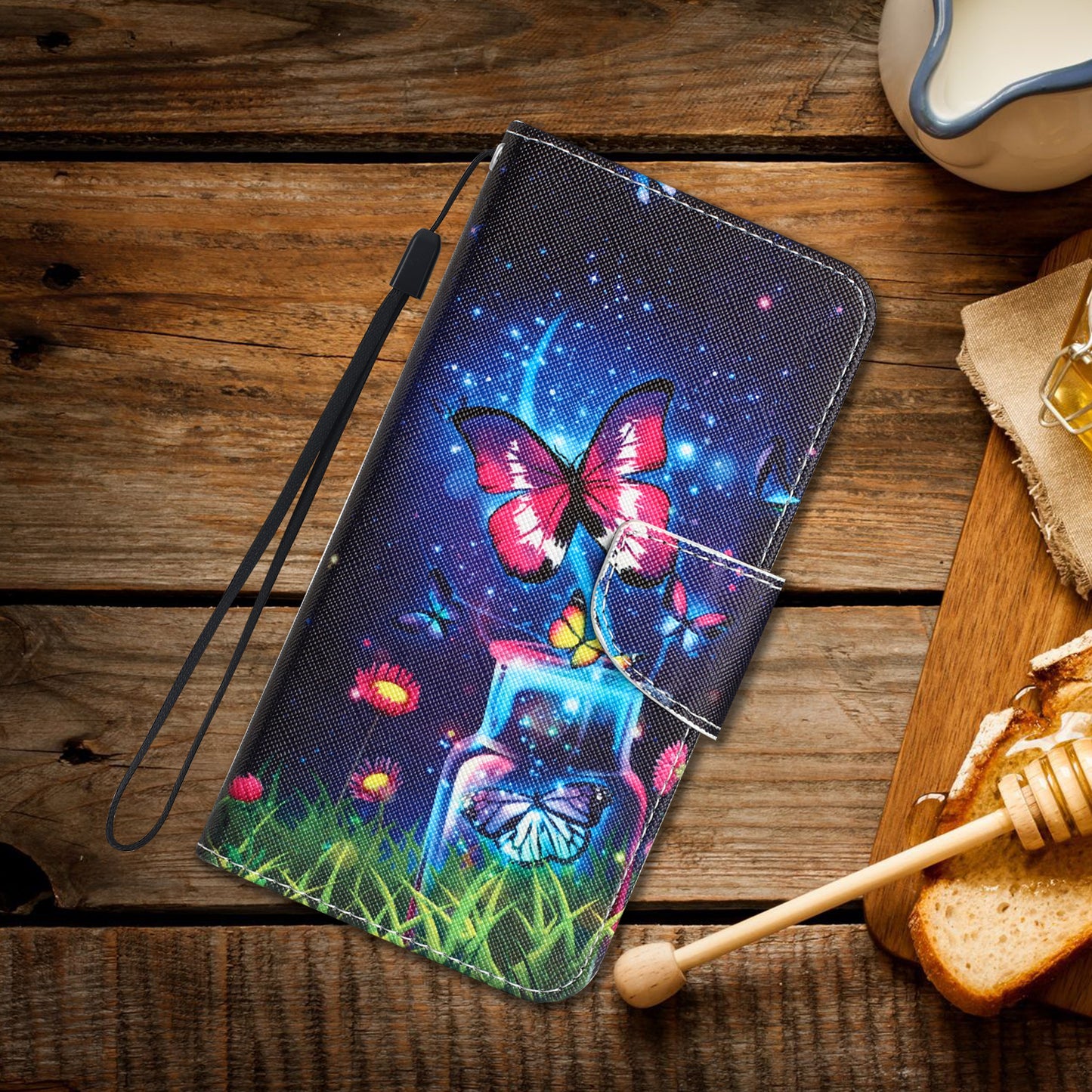 For Samsung Galaxy S24+ Case PU Leather Pattern Printing Stand Cover - Bottle and Butterfly