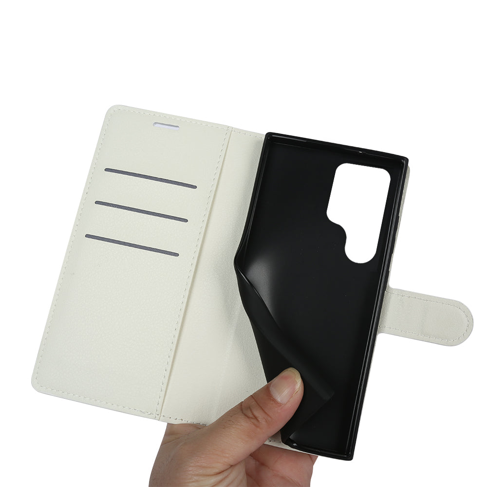 For Samsung Galaxy S24 Ultra Case Litchi Texture Wallet Phone Cover with Stand - White