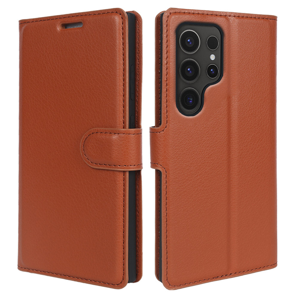 For Samsung Galaxy S24 Ultra Case Litchi Texture Wallet Phone Cover with Stand - Brown