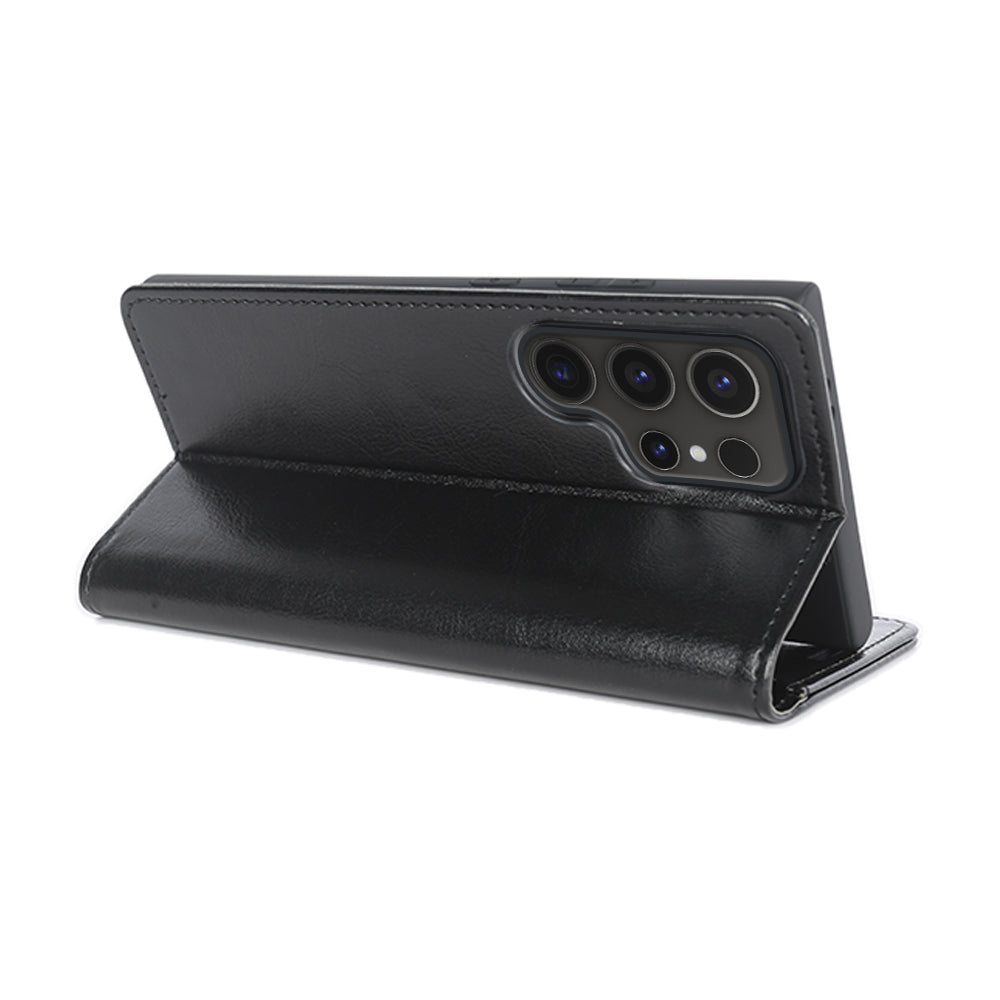 For Samsung Galaxy S24 Ultra Case Crazy Horse Texture Wallet Phone Case PU Leather Flip Cover - Black